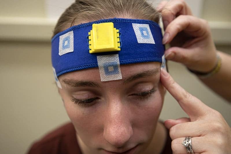 Participant preparing for motion sickness test