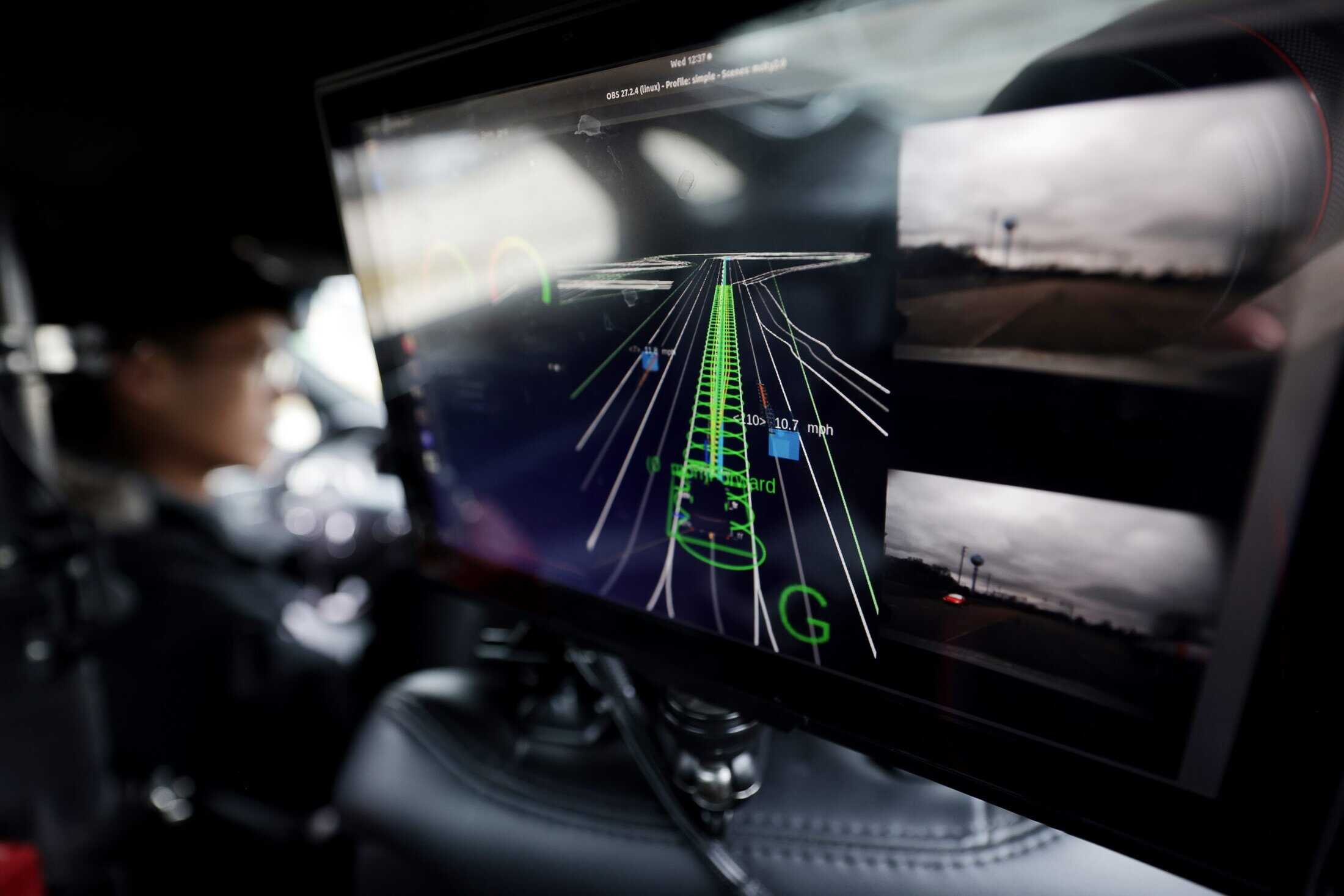 Detail photograph of screens during the virtual reality test run of an autonomous vehicle at Mcity on North Campus of the University of Michigan in Ann Arbor.