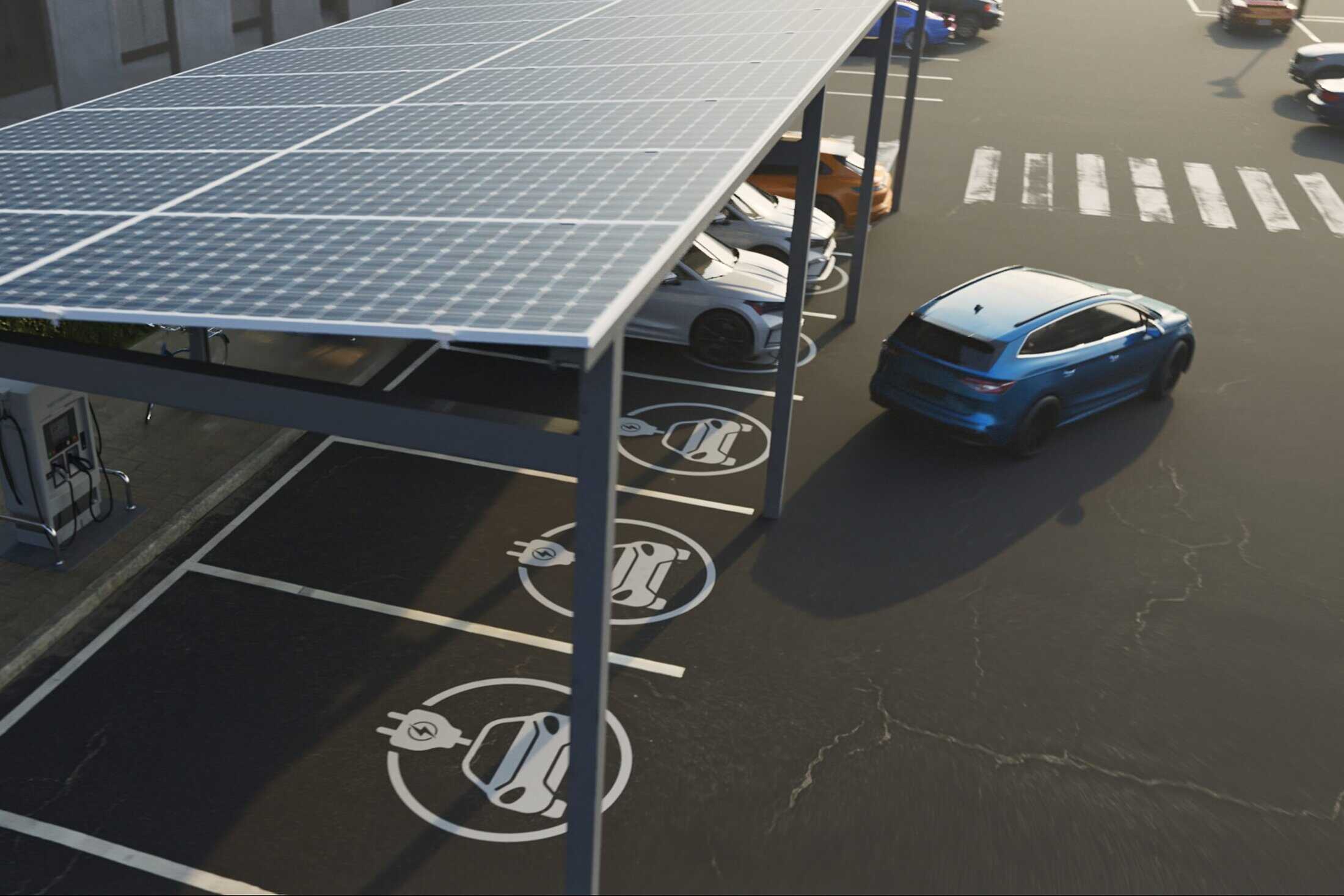 An electric vehicle parking lot. Car is parked under a solar panel.