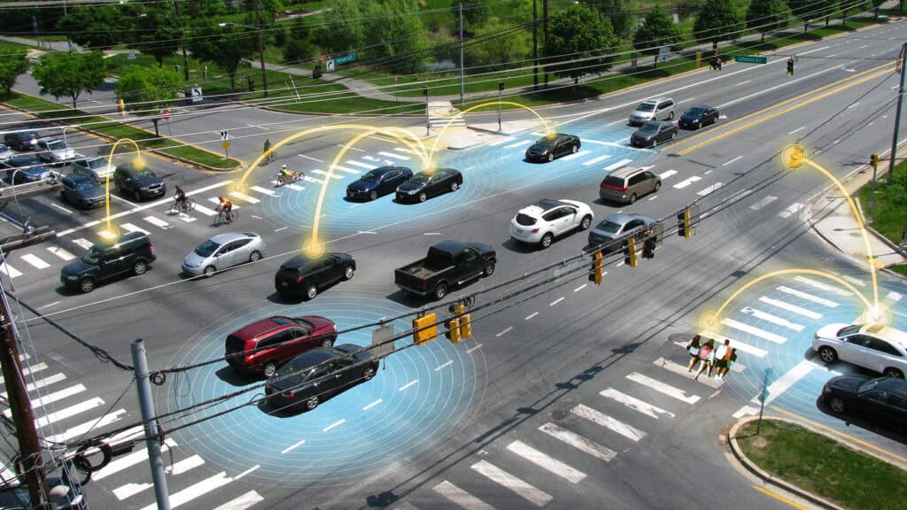 Aerial image of connected vehicles on roadway